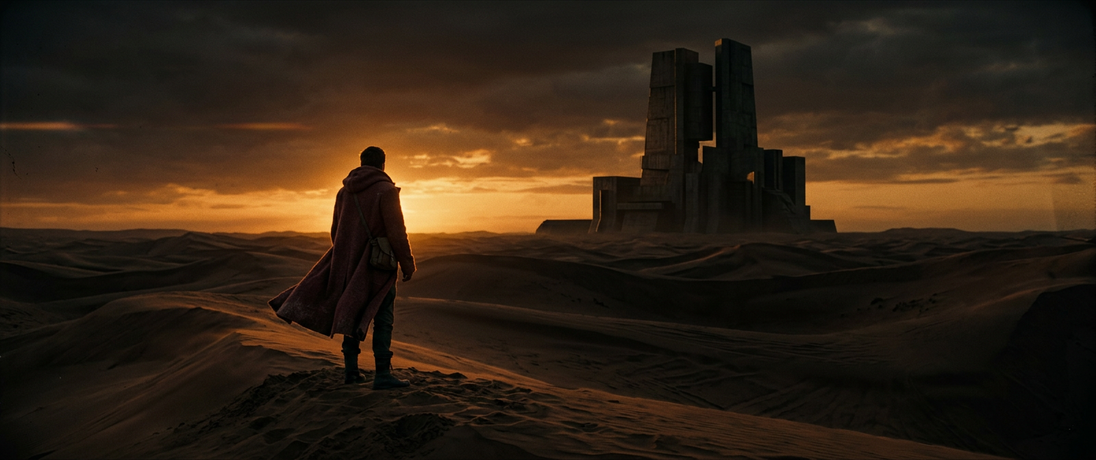 A lone figure in a burgundy coat on copper dunes facing a distant monolith