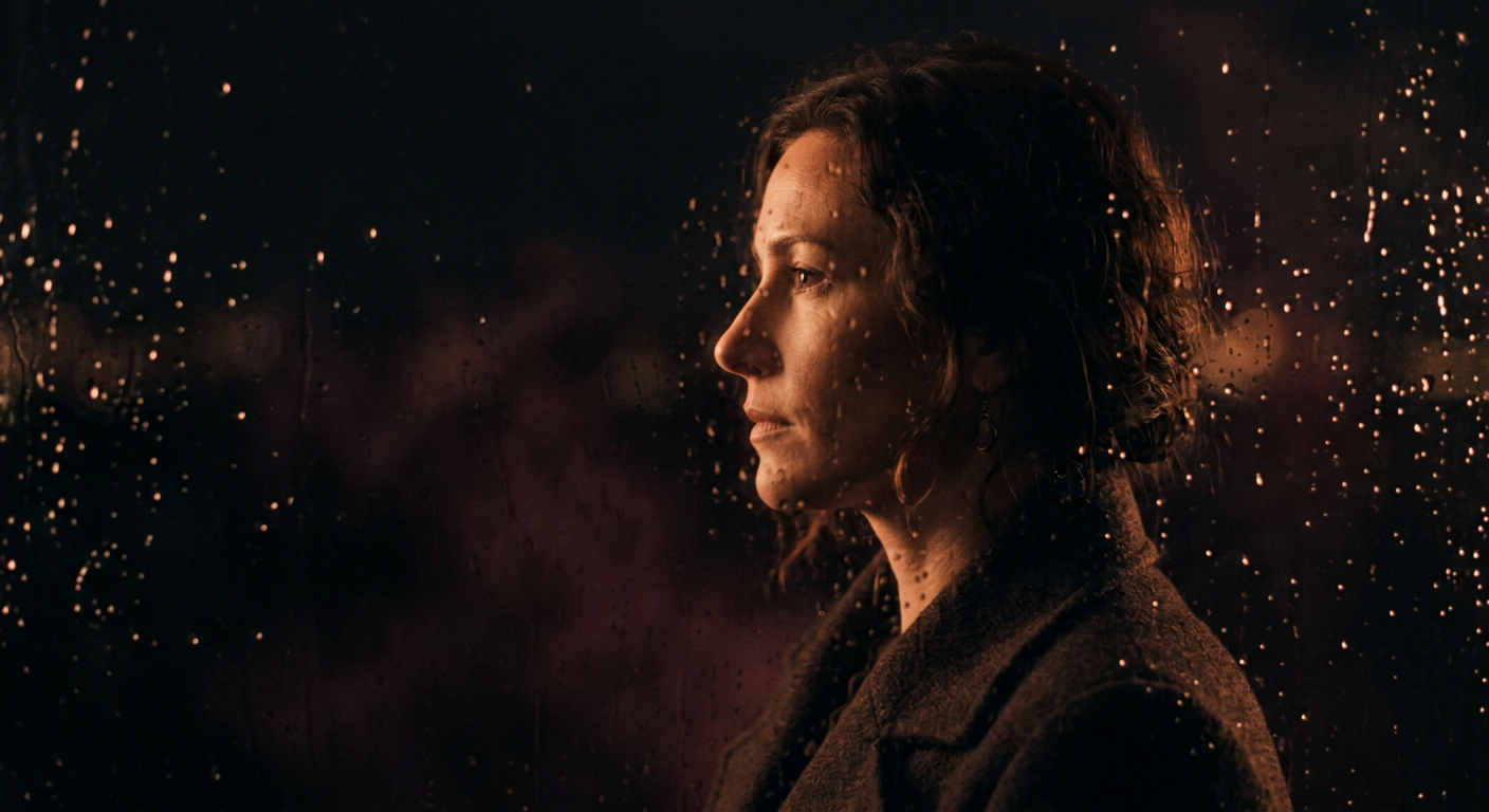 A profile portrait lit by warm copper rim light behind rain-streaked glass