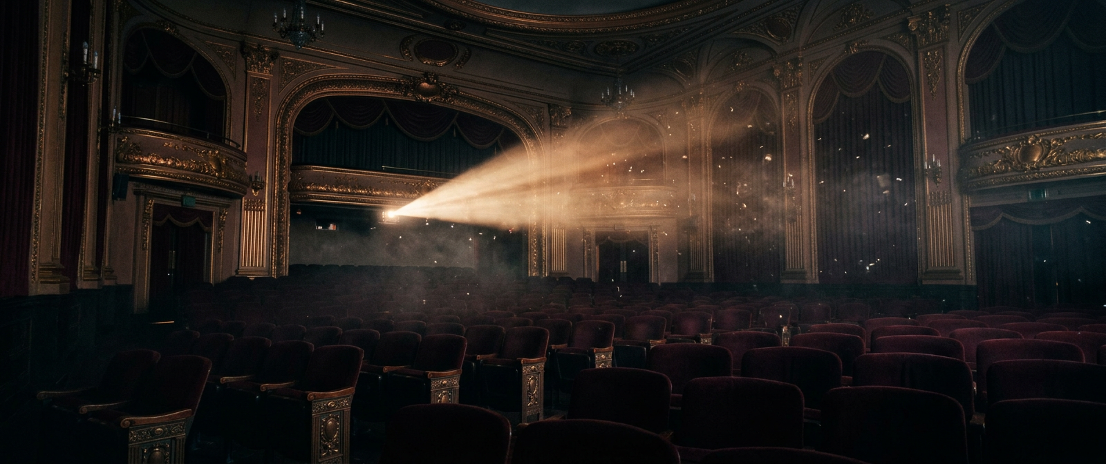 An empty velvet cinema lit by a single beam of projector light